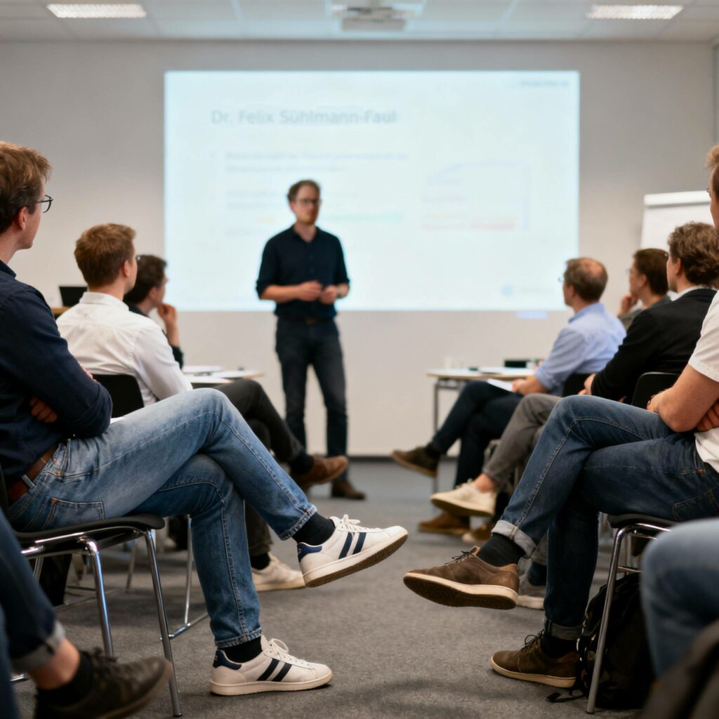 hintergrund_blau Ein Seminar mit ca. 20 Leuten, die von hinten zu sehen sind. Vor einem Whiteboard steht der Workshopleiter in der Mitte des Bildes
